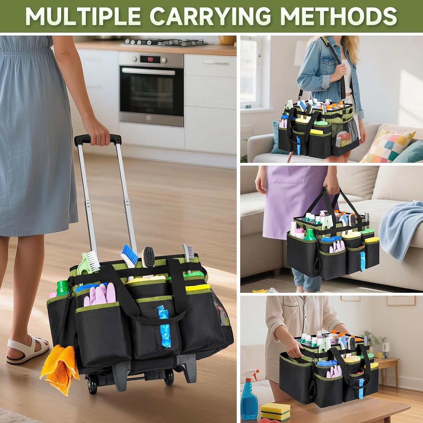 Large Rolling Cleaning Caddy Bag with Detachable Trolley,Cleaning Cart on Wheels with Shoulder Strap,Cleaning Supplies Organizer for Housekeepers,Purple