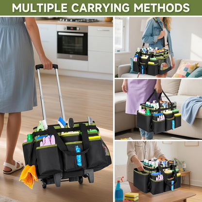 Large Rolling Cleaning Caddy Bag with Detachable Trolley,Cleaning Cart on Wheels with Shoulder Strap,Cleaning Supplies Organizer for Housekeepers,Purple