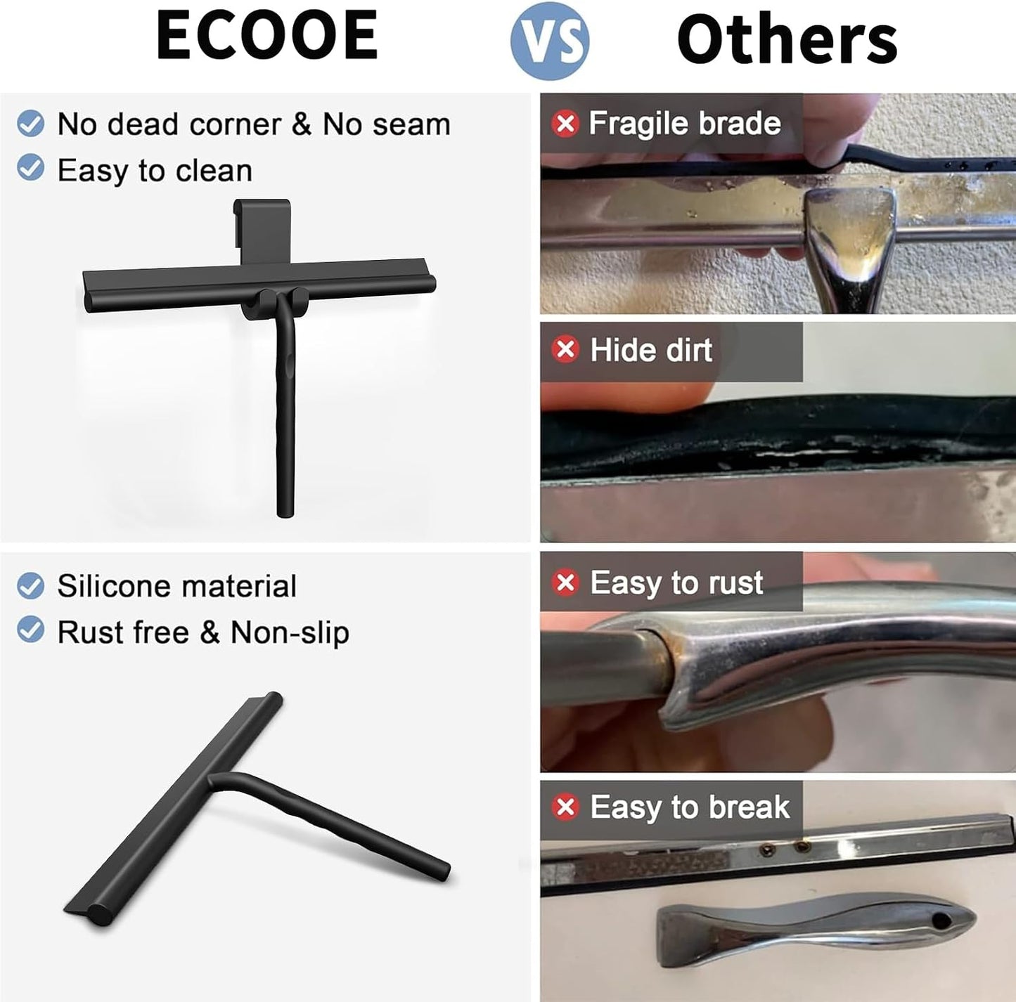 ecooe Shower Squeegee for Glass Doors,11" Shower Glass Cleaner | Silicone Streak-Free Wiper with Hanger and Stainless Steel Core for Bathroom, Kitchen & Car Windows, Black