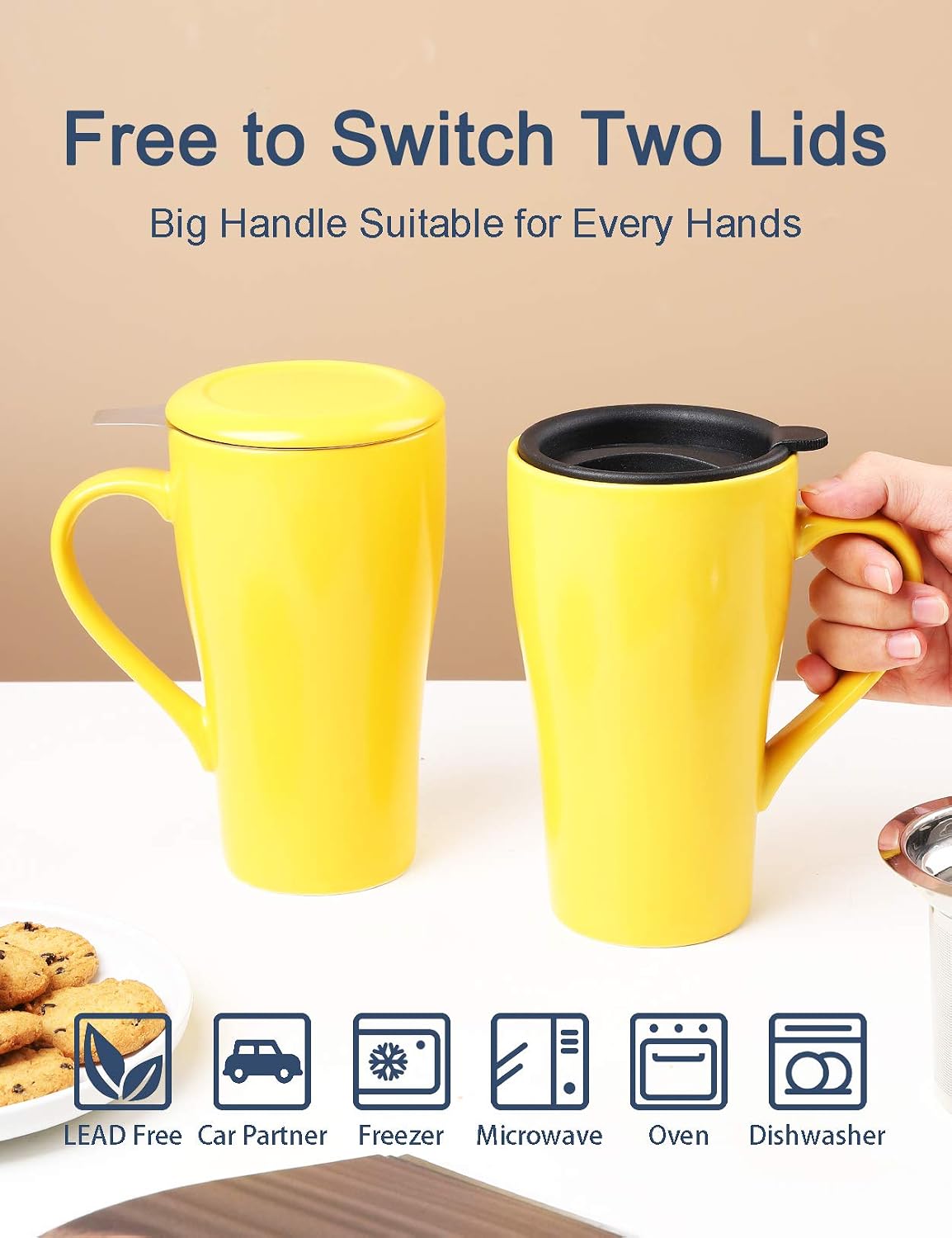 Tea Cup with Infuser and 2 Lids, 18oz Large Tea Infuser Mug, Tea Strainer Cup for Loose Leaf, Travel Mug with Teabag Holder (Royal Blue)