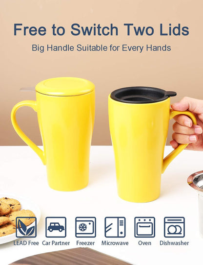 Tea Cup with Infuser and 2 Lids, 18oz Large Tea Infuser Mug, Tea Strainer Cup for Loose Leaf, Travel Mug with Teabag Holder (Royal Blue)