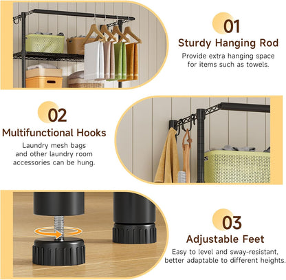 3 Tiers Expandable Over Washer and Dryer Shelves, White | Laundry Room Organization and Storage with Hanger Rod, 4 Hooks, Adjustable Height Metal Freestanding Clothes Drying Rack