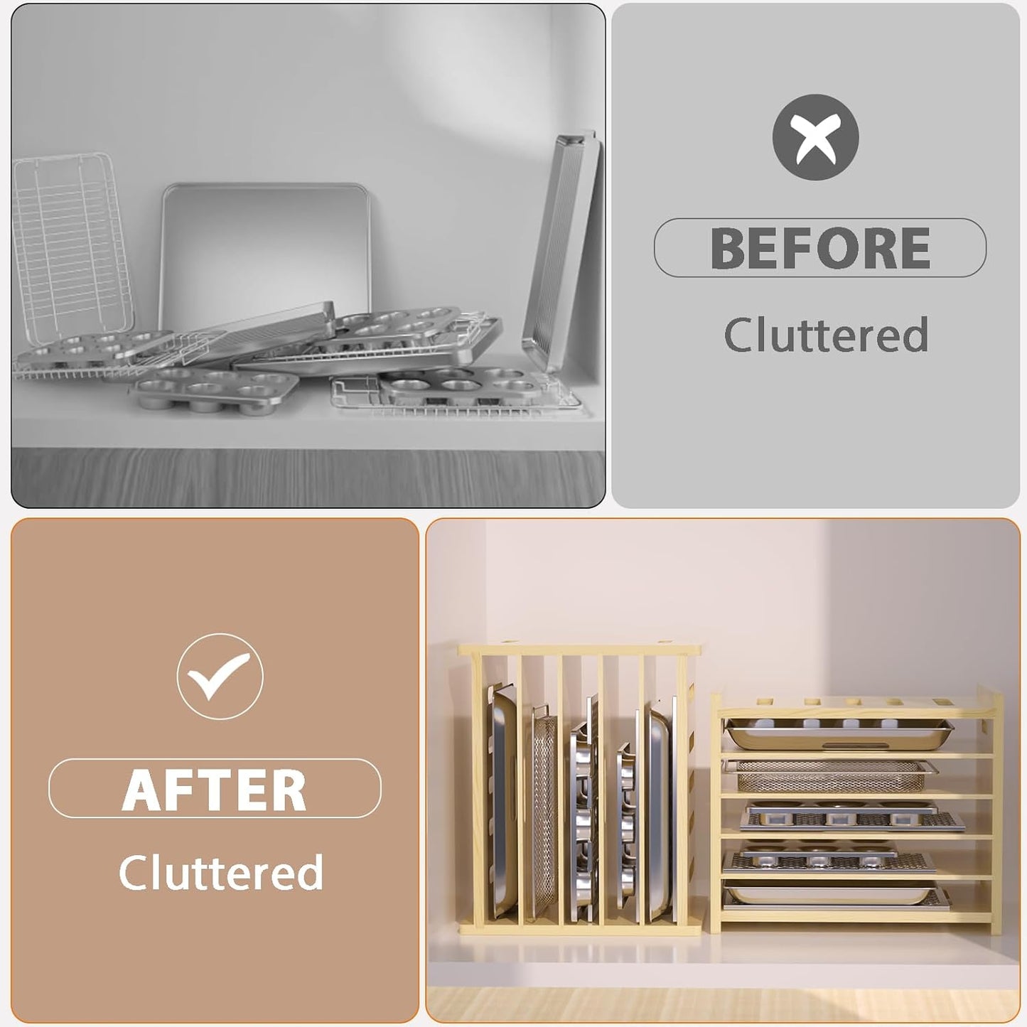 6 Tier Wooden Tray Dividers for Cabinets | Baking Cookie Sheet Organizer, Vertical/Horizontal Cabinet Dividers for Pots, Cutting Board, Kitchen Organizers and Storage