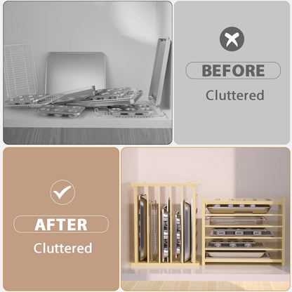 6 Tier Wooden Tray Dividers for Cabinets | Baking Cookie Sheet Organizer, Vertical/Horizontal Cabinet Dividers for Pots, Cutting Board, Kitchen Organizers and Storage