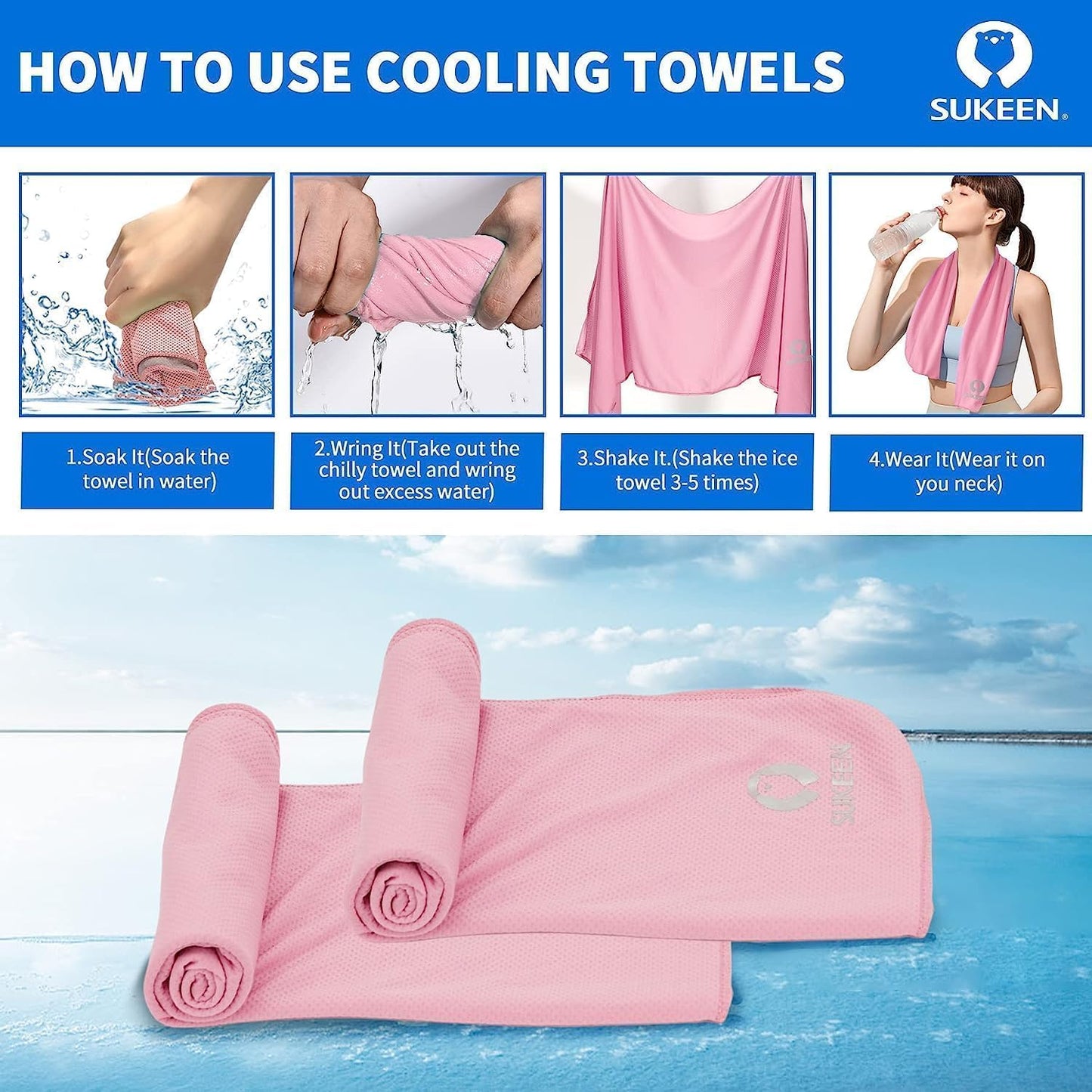 Sukeen Cooling Towels 6 Pack (40"x12"), Cooling Neck Wraps, Ice Towels, Microfiber Breathable Cooling Towel for Hot Weather, Sweat Towel for Gym, Sport, Running, Golf, Workout, Camping, Fitness