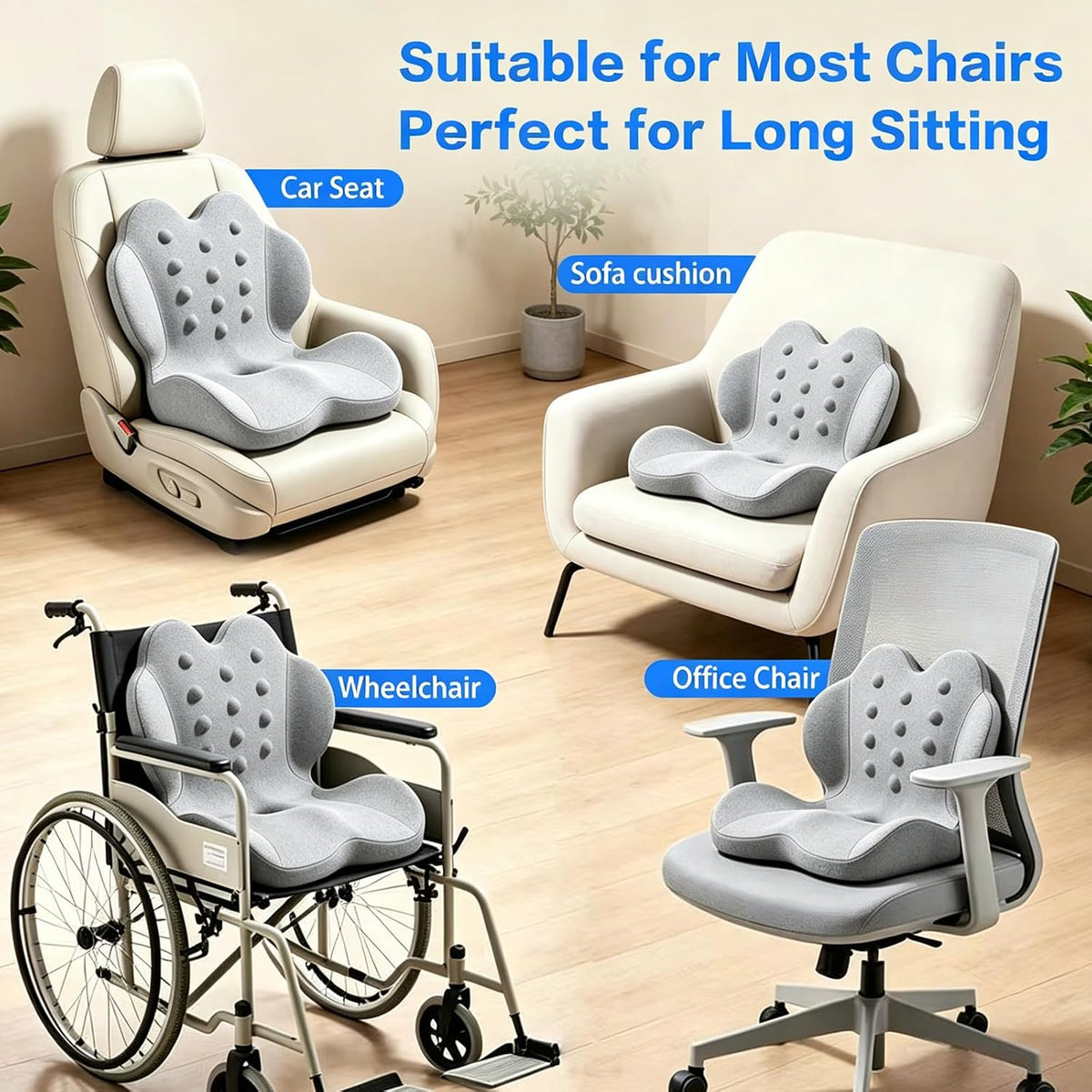 Memory Foam Seat Cushion with Lumbar Support for Sciatica & Tailbone Pain Relief, Fit Office Chair, Wheelchair, Car Seat, Airplane, Long Sitting Workers & Drivers (Gray)