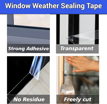 Window Weather Sealing Tape 2 Inch x 33 FT Weather Stripping Residue-Free Clear Window Draft Isolation Sealing Film Caulk Tape for Doors and Shower Glass Gaps Bathroom