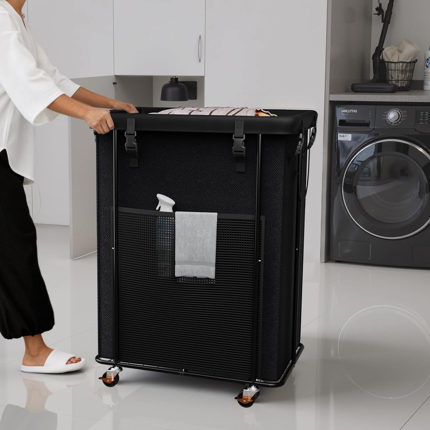 Laundry Hamper with Wheels, 150L Rolling Laundry Basket with Bag & Handles | Sturdy Metal Frame | Removable Bag | Large & Tall Dirty Clothes Hampers for Laundry Room, Bedroom, Dorm, Bathroom-Black