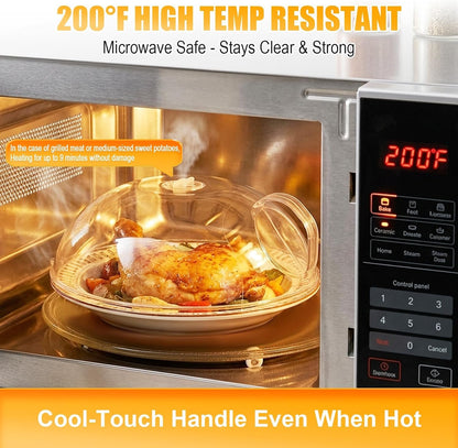 12" Clear Microwave Splatter Cover Integrated Handle BPA Free | Integrated Handle, BPA-Free, Clear PC, 12 Inch, Dishwasher Safe, Steam Vent, Food Grade, Splatter Guard,Large