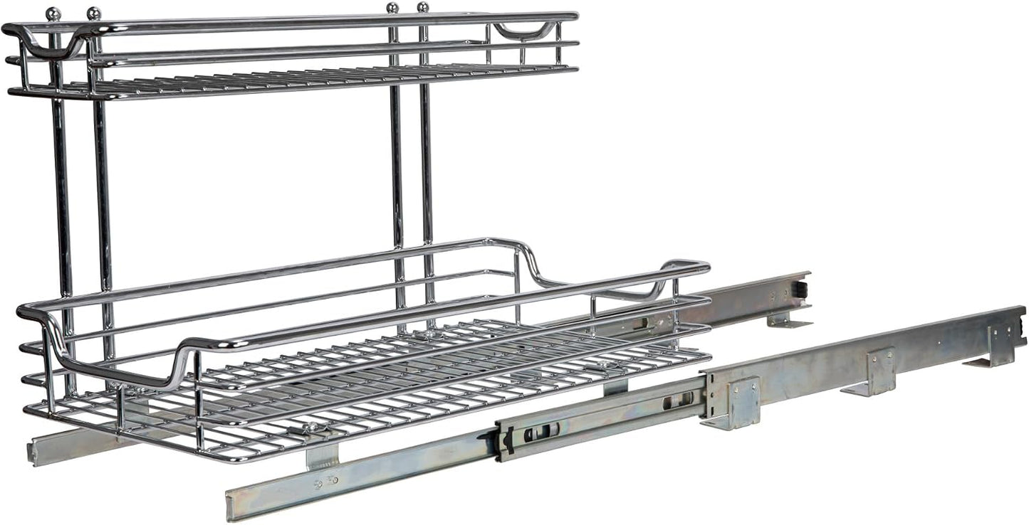 Household Essentials Glidez Multipurpose Chrome-Plated Steel Pull-Out/Slide-Out Storage Organizer for Cookware and Bakeware - 2-Tier Design - Fits Standard Size Cabinet or Shelf, Chrome