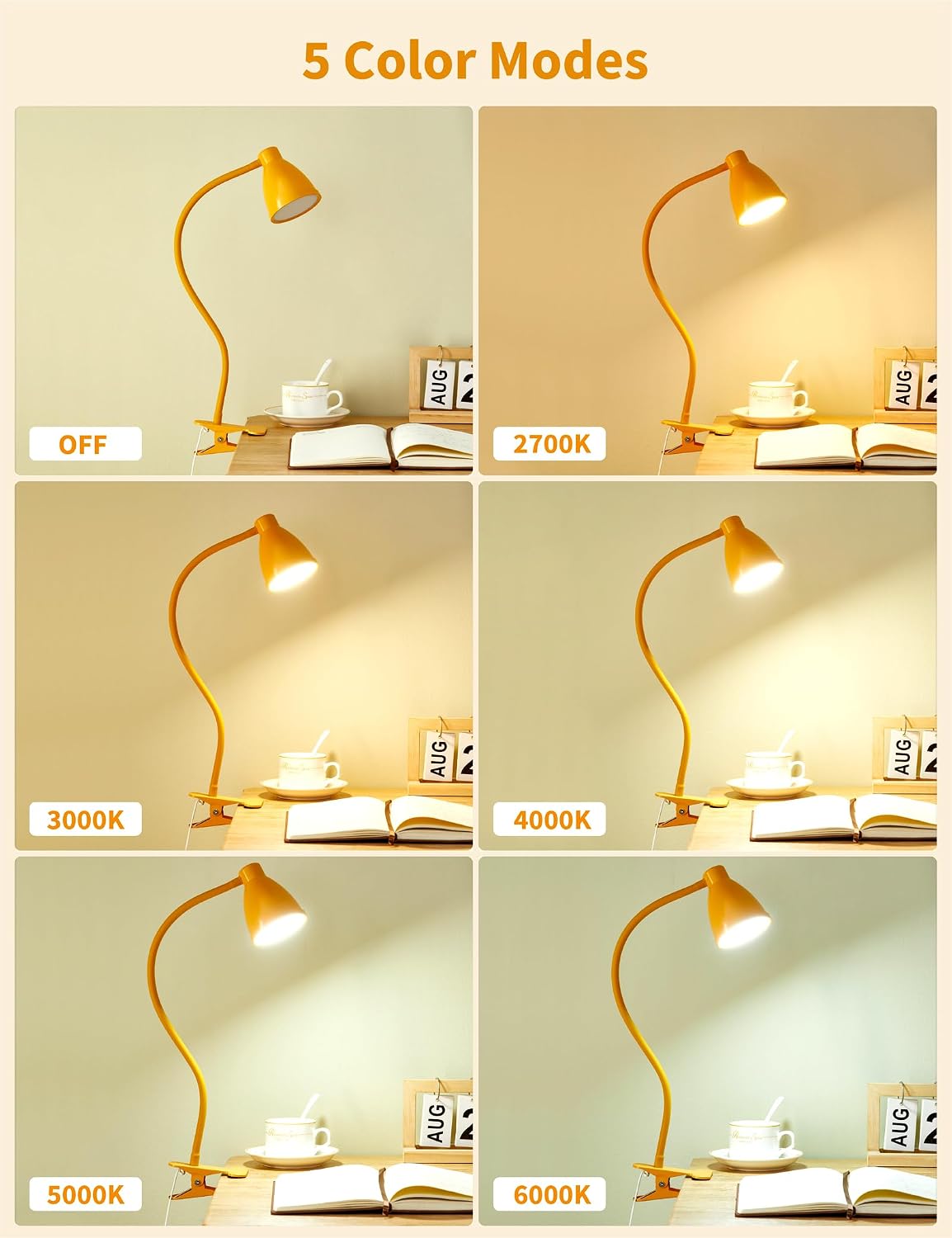 BOHON Desk Lamp 5 Color Modes 10 Brightness Dimmer Reading Light Black | 10W 38 LED Clamp Lamp with Auto Off Timer 360° Flexible Neck Clip on Light for Bed Bedside, AC Adapter Include