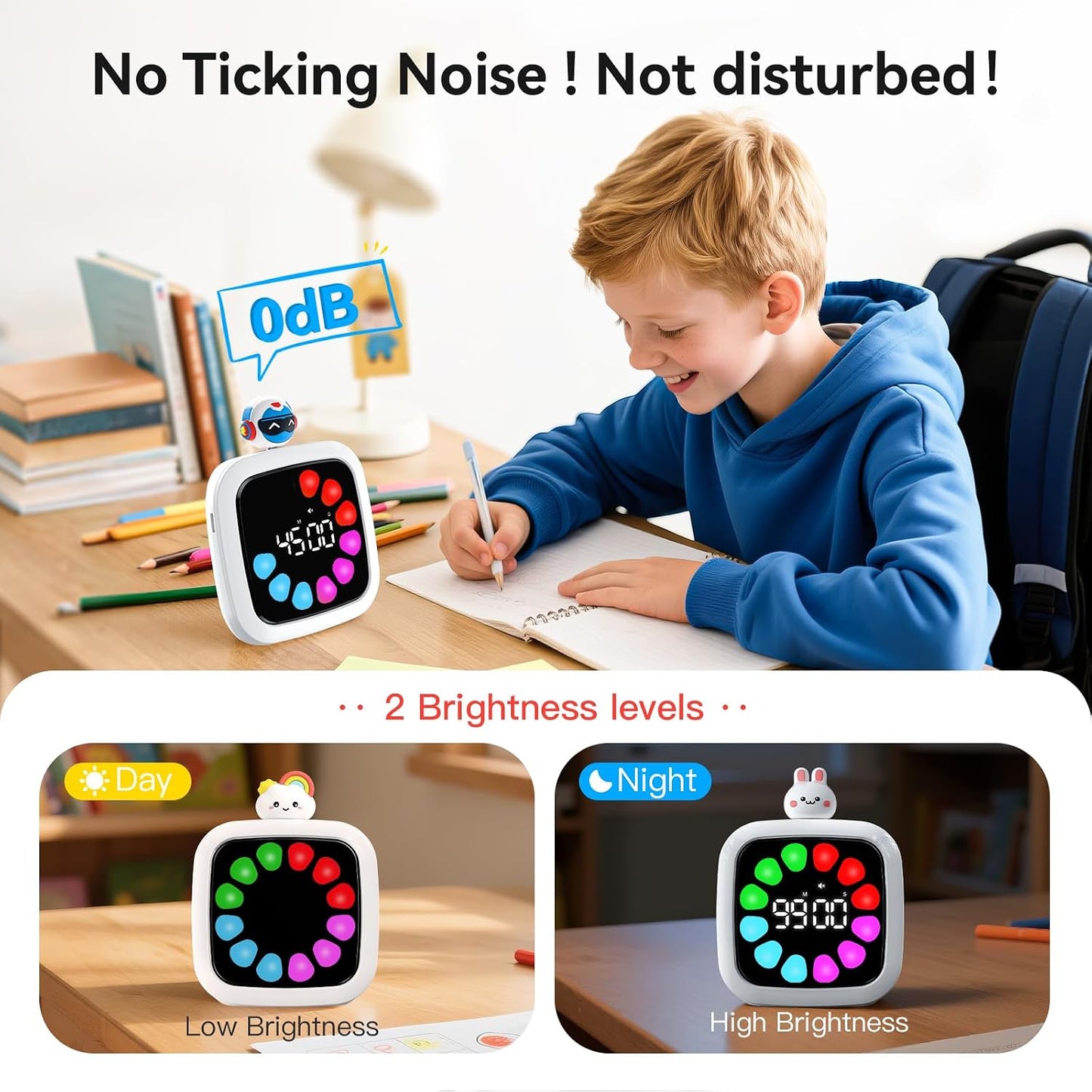 Yunbaoit Digital Visual Timer for Kids, 99-Minute Countdown, Rechargeable | 19 Music Alarm, Pause Function, 9 Optional DIY Color Planet Display, Robot Doll, for Study, Homeschool, Kitchen