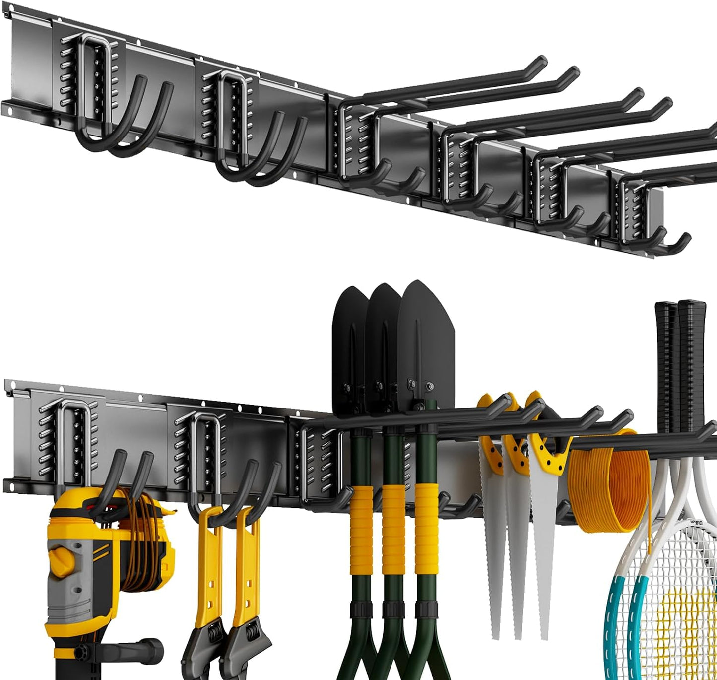 Garage Tool Organizer Wall Mount, 48 Inch Heavy Duty Garden Tool Organizer Storage System, Easy Install with 6 Adjustable Straight Hooks, for Garage, Basement, Shed, Workshop, Black, Steel