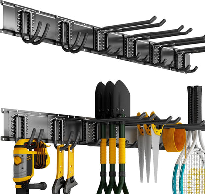 Garage Tool Organizer Wall Mount, 48 Inch Heavy Duty Garden Tool Organizer Storage System, Easy Install with 6 Adjustable Straight Hooks, for Garage, Basement, Shed, Workshop, Black, Steel
