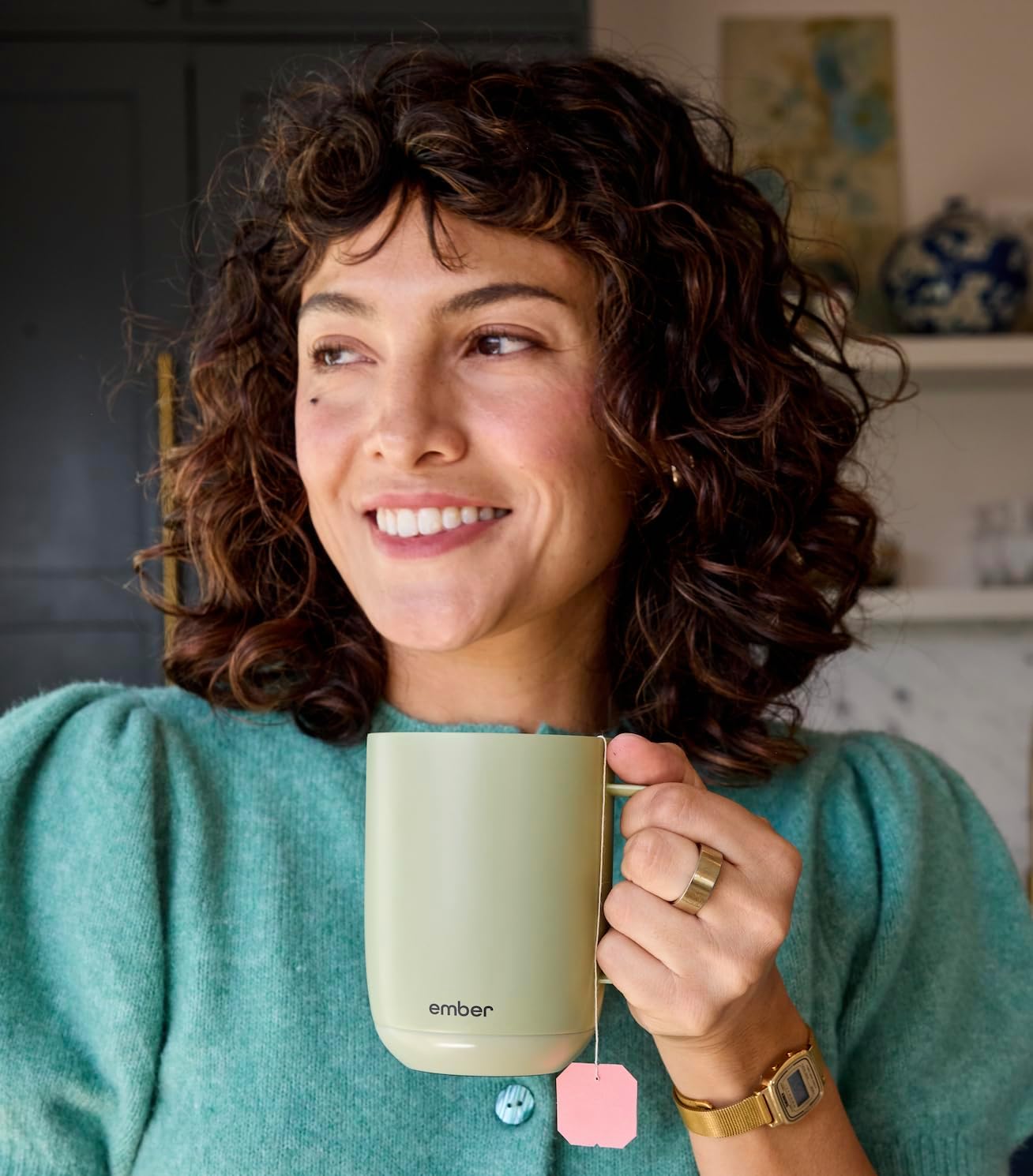 Ember Temperature Control 14oz Smart Mug 2, App-Controlled and Rechargeable Heated Coffee Cup Warmer with Intelligent LED Display, Sage Green.