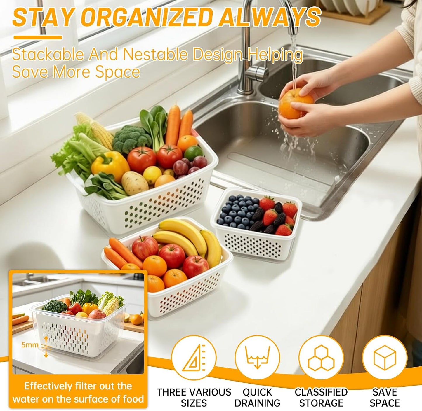 3 Pack Fruit Storage Containers for Fridge with Removable Colander | 3 BPA-free produce storage containers with colanders, airtight lids and stackable design for fruits and vegetables.