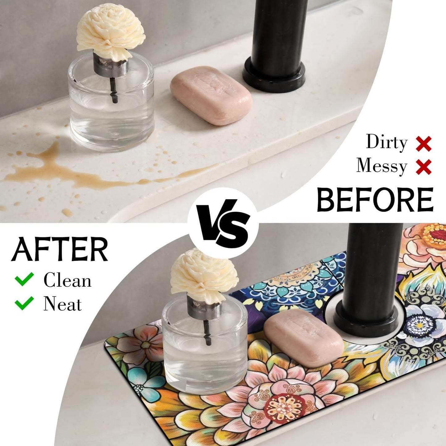 Light Brown White Checkered Kitchen Sink Splash Guard Faucet Mat,Faucet Non-Slip Absorbent Mat,Farmhouse Sink Splash Guard Behind Faucet for Kitchen Bathroom, 15"x5.5"