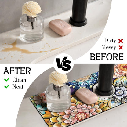 Light Brown White Checkered Kitchen Sink Splash Guard Faucet Mat,Faucet Non-Slip Absorbent Mat,Farmhouse Sink Splash Guard Behind Faucet for Kitchen Bathroom, 15"x5.5"
