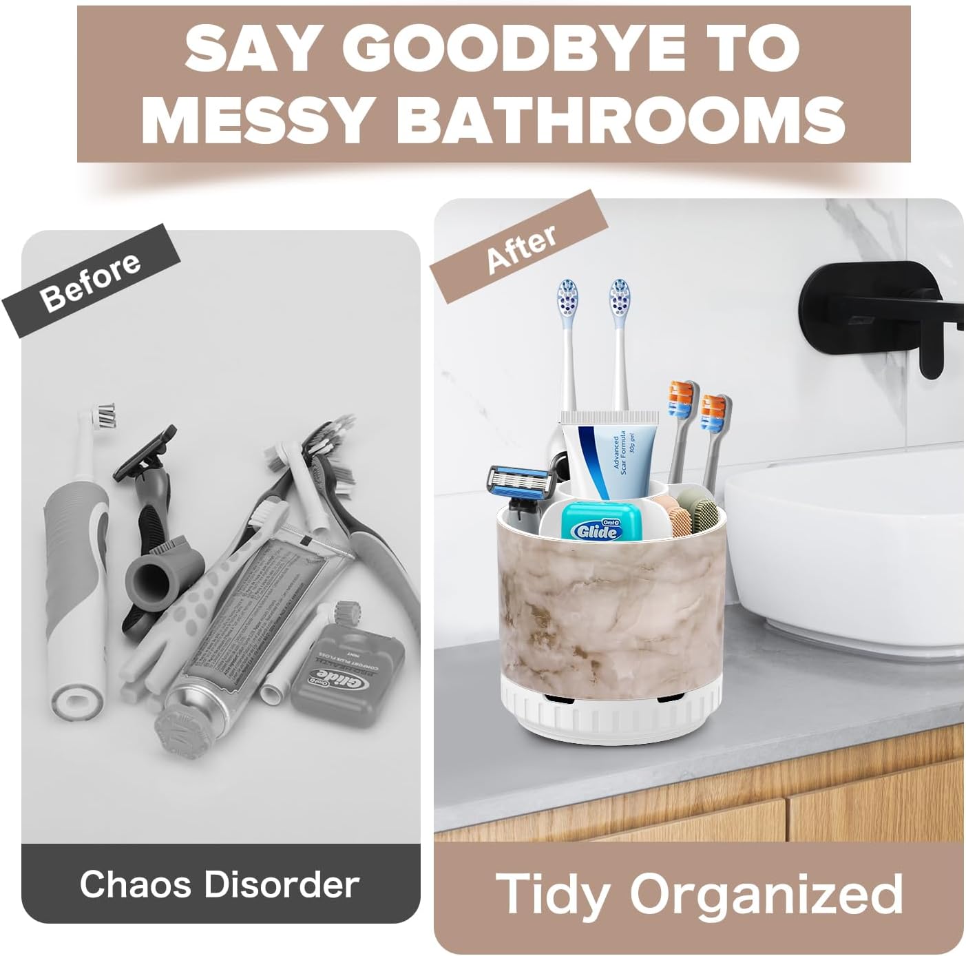 GFWARE Rotating Silver Toothbrush Holder for Bathroom Organizer, Drainage | Detachable 6 Slots Kids Electric Toothbrush and Toothpaste Holder, Bathroom Countertop Sink Storage Caddy