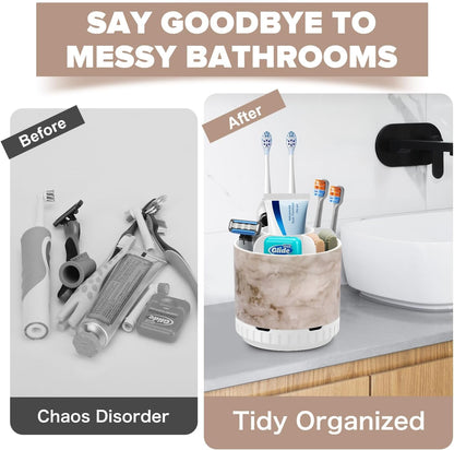 GFWARE Rotating Silver Toothbrush Holder for Bathroom Organizer, Drainage | Detachable 6 Slots Kids Electric Toothbrush and Toothpaste Holder, Bathroom Countertop Sink Storage Caddy