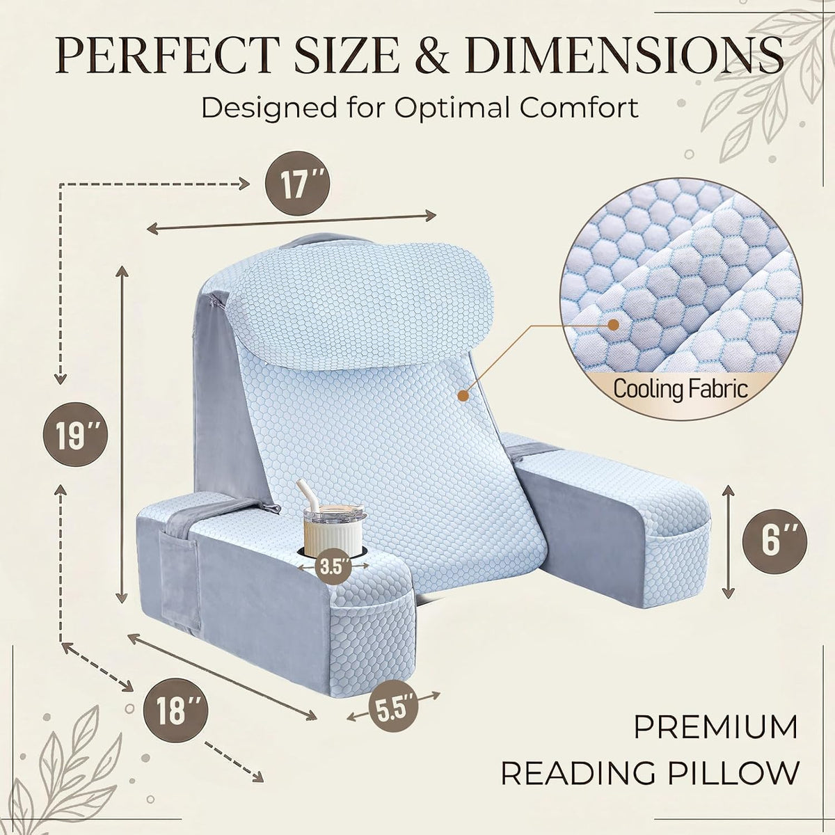21 INCH Reading Pillow for Adults, Back Pillow for Bed Sitting Up, Backrest Pillow for Sitting in Bed, Detachable Arms with Built-in Cup & Phone Caddy (Gray, 21 INCH)