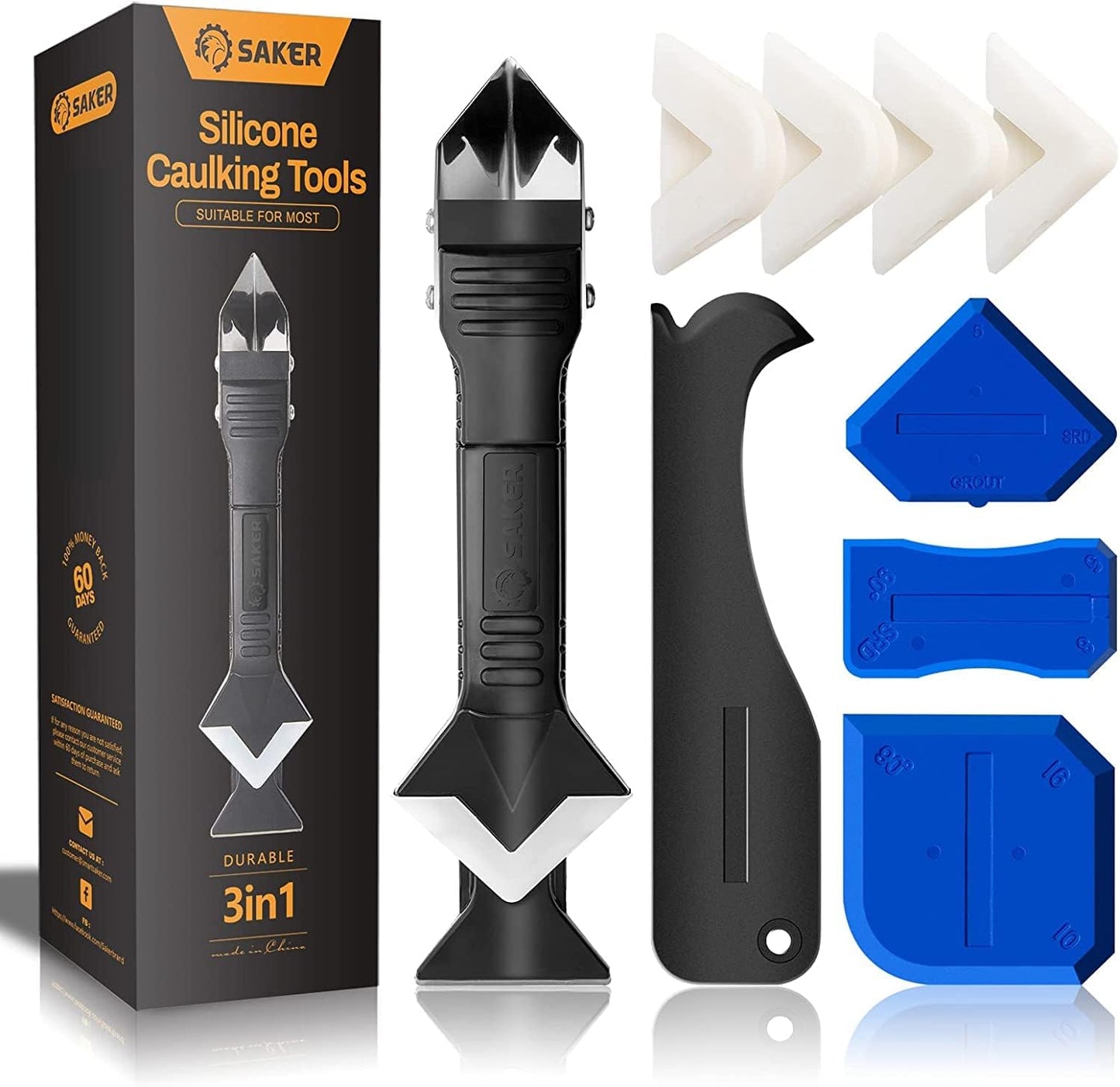Saker Silicone Caulking Tool 3-in-1 Grout Removal Tool Classic Black | Sealant Finishing Scraper with Stainless Steelhead, Seam Repair Kit for Bathroom, Kitchen, Floor, Window and Sink Joints
