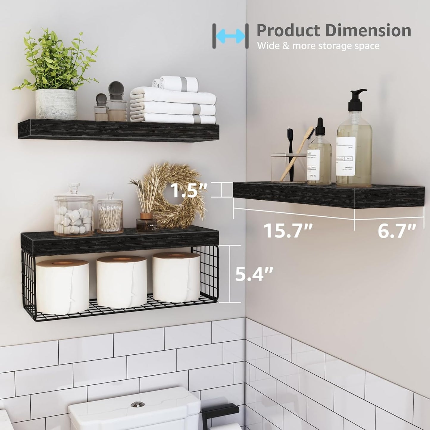 QEEIG Bathroom Shelves Over Toilet - Wall Mounted Floating Shelves Toilet Paper Storage Small Farmhouse Decor Shelf 16 inch Set of 3, Rustic Brown (019-BN3)