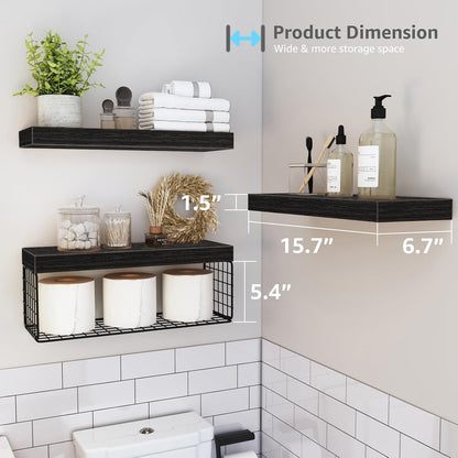 QEEIG Bathroom Shelves Over Toilet - Wall Mounted Floating Shelves Toilet Paper Storage Small Farmhouse Decor Shelf 16 inch Set of 3, Rustic Brown (019-BN3)