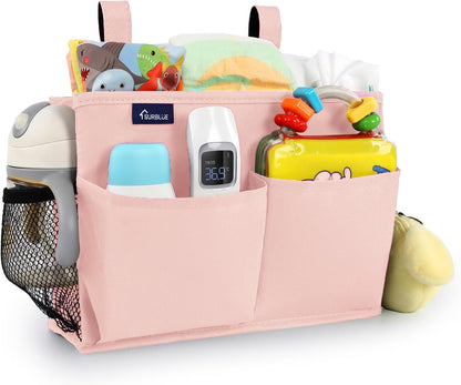 Surblue Bedside Caddy Hanging Organizer Storage Bag Pocket for Bunk, Hospital, College Dorm Rooms, Baby Bed Rails, Camp - 4 Pockets, 2 Hooks (Blue)
