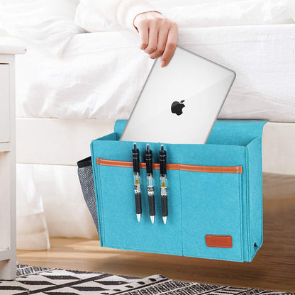 Bedside Caddy, Felt Bed Storage Organizer Hanging Bag Holder with 5 Pockets, Magazine Book Phone Tablet iPad Cables Remote and Water Bottle Holder for Home Dorm Bed Sofa, Light Gray