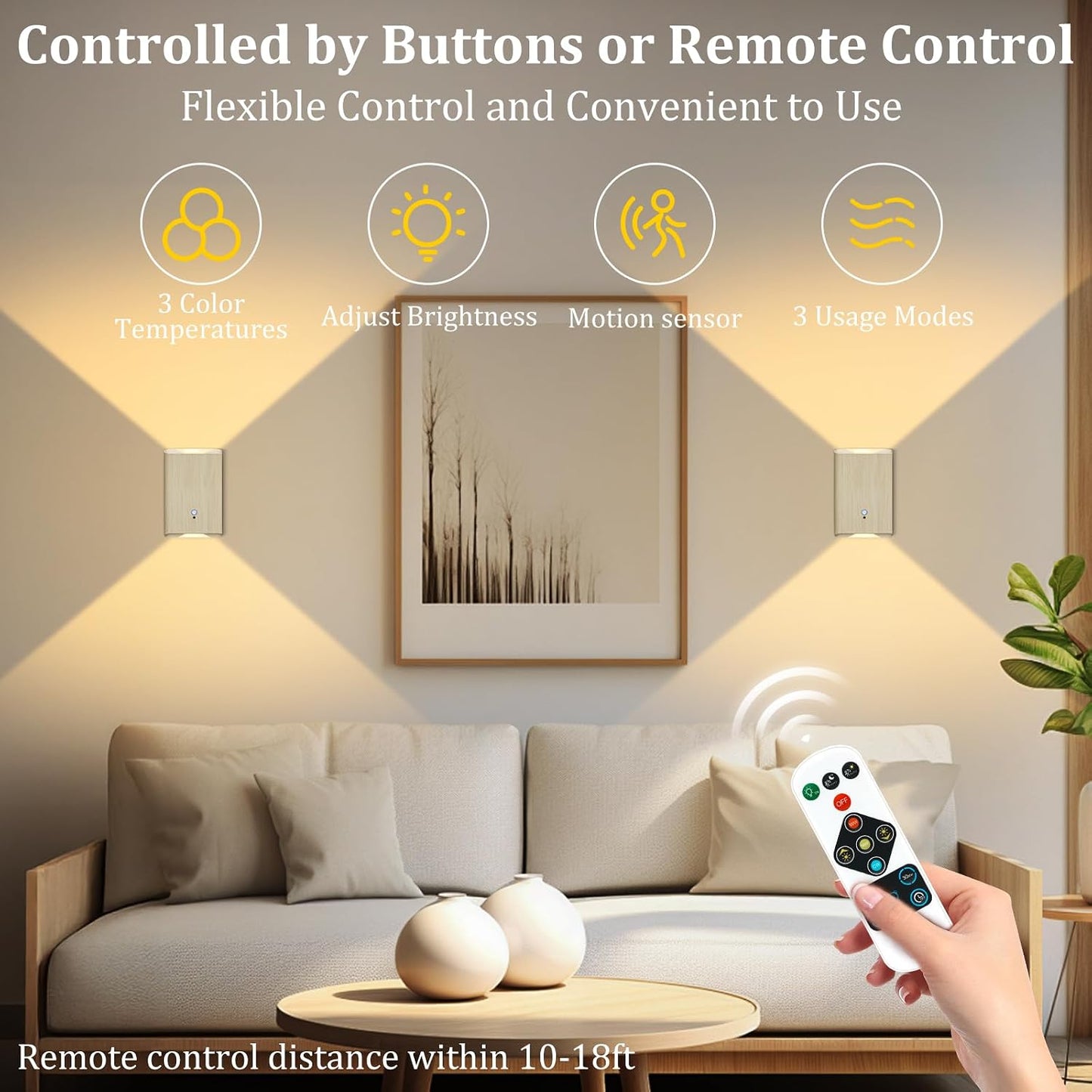 Eneru Motion Sensor Wall Sconce, Rechargeable Wireless Lights Indoor 2 Pack | 5000mAh battery powered, remote 3CCT dimmable, cordless magnetic mount, motion night light for hallway closet bathroom stair