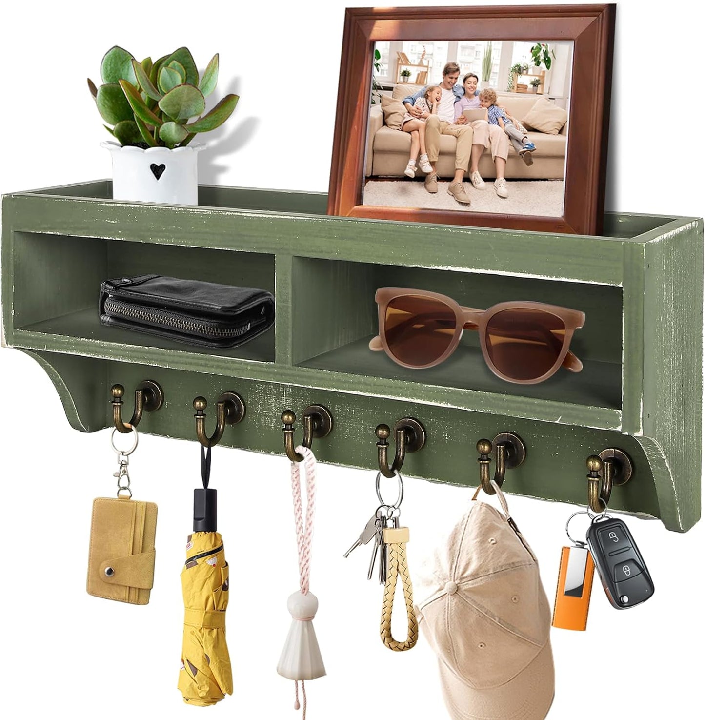 Key Holder Wall Mount with Mail Organizer, 6 Hooks & Shelf, Brown | Wood Key Holder Wall Mount with 6 Key Hooks, Shelf & Storage Box and Mail Organizer for Entryway, Apartment, Home and Office