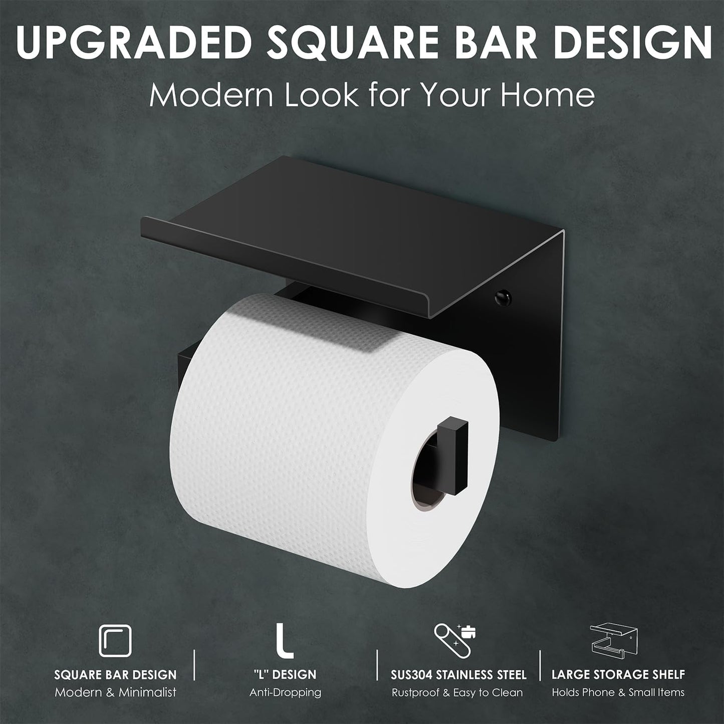 Auxmir Toilet Paper Holder with Shelf, Self Adhesive or Screw Mount, Black | Rustproof SUS304 Stainless Steel with Phone Shelf, Square Anti-Slip Bar, Fits Mega Rolls, Adhesive or Screw Installation