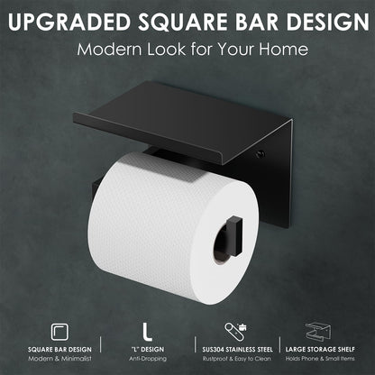 Auxmir Toilet Paper Holder with Shelf, Self Adhesive or Screw Mount, Black | Rustproof SUS304 Stainless Steel with Phone Shelf, Square Anti-Slip Bar, Fits Mega Rolls, Adhesive or Screw Installation