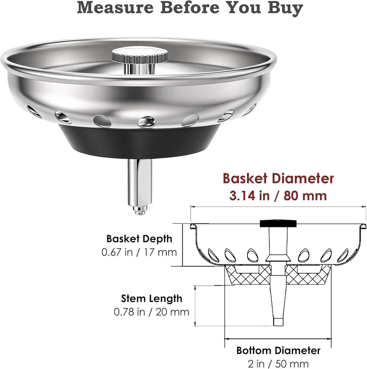Kingrol 4 Pack Kitchen Sink Strainer Baskets with Removable Rubber Stoppers, Stainless Steel Replacement for Select 3.5" Basket Strainer Drains, Easy Clean, Rust Resistant