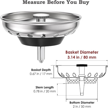 Kingrol 4 Pack Kitchen Sink Strainer Baskets with Removable Rubber Stoppers, Stainless Steel Replacement for Select 3.5" Basket Strainer Drains, Easy Clean, Rust Resistant