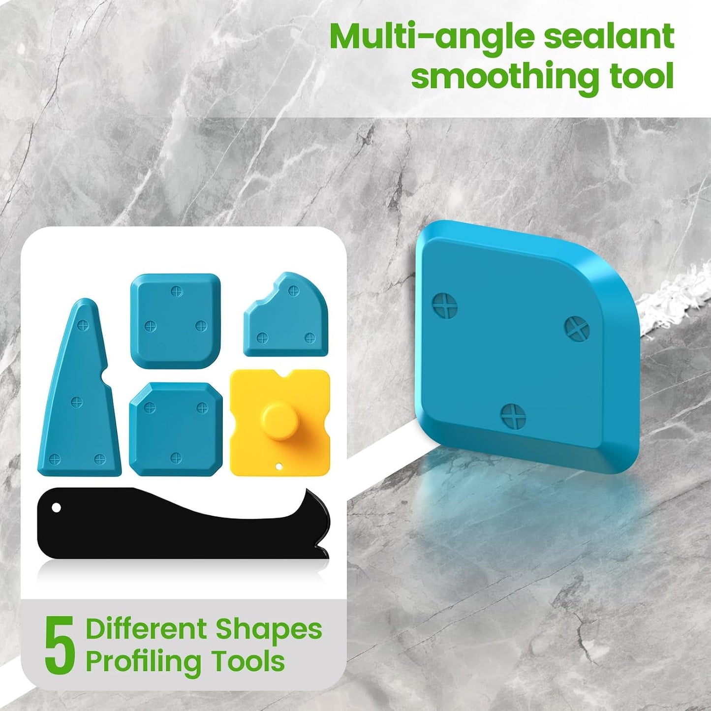 Goopreen 5 in 1 Caulking Tool Silicone Caulking Grout Removal Sealant Finishing Tool with Stainless Steel Head, 6 Replaceable Pads, Gap Seam Repair Kit for Kitchen Bathroom Sink Toilet Caulking