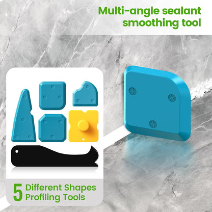 Goopreen 5 in 1 Caulking Tool Silicone Caulking Grout Removal Sealant Finishing Tool with Stainless Steel Head, 6 Replaceable Pads, Gap Seam Repair Kit for Kitchen Bathroom Sink Toilet Caulking