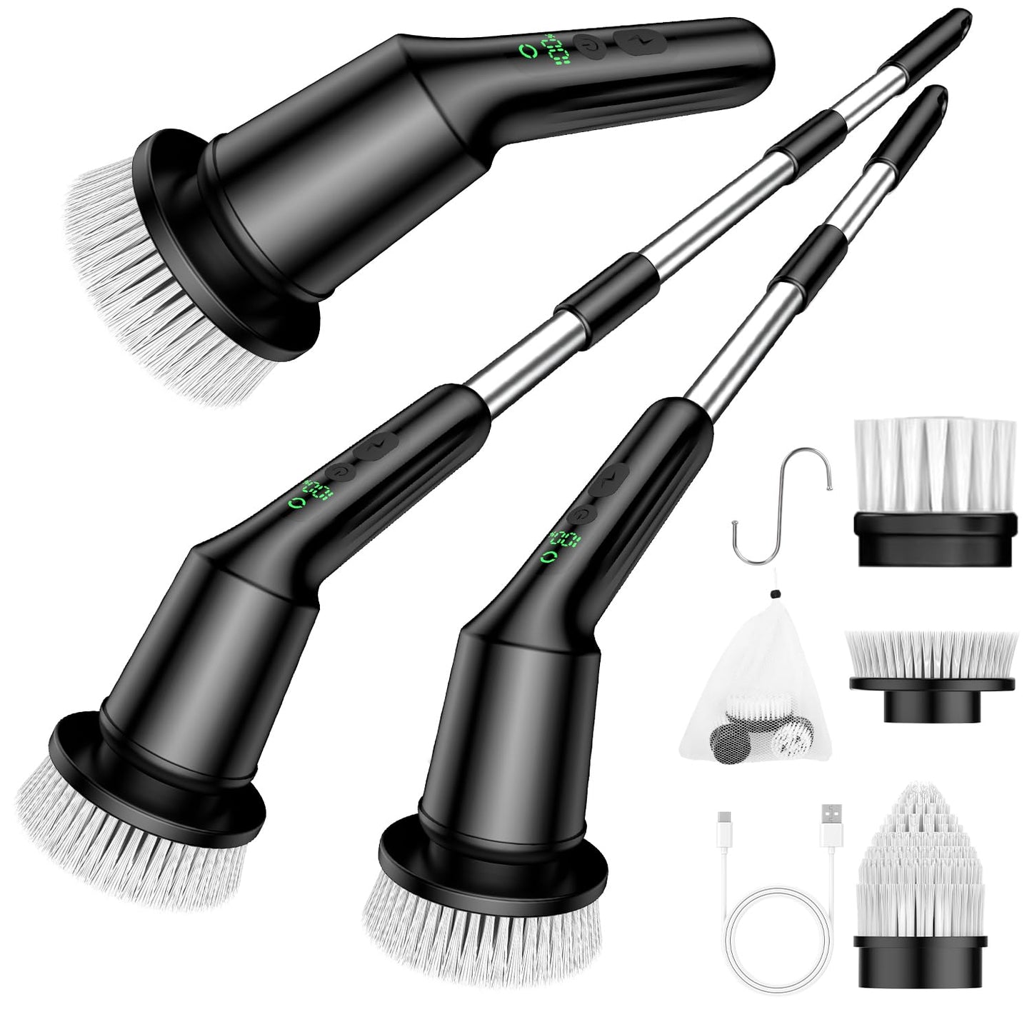 Electric Spin Scrubber for Bathroom, Shower Scrubber with Long Handle | Shower Cleaner Brushes, IPX7 Waterproof & 2 Speed, 3 Brush Heads, 90min Runtime, Bathroom Cleaning Supplies for Toilet Tub
