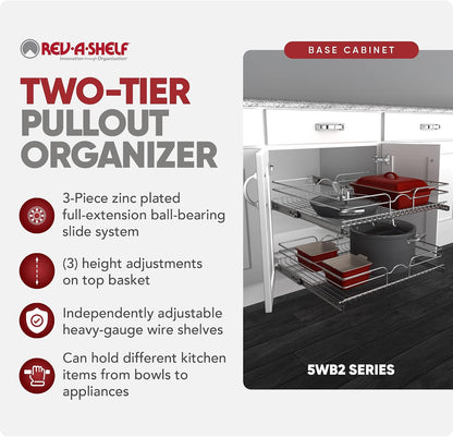 Rev-A-Shelf Pullout Organizer for Cabinets, Min Opening Width of 18" | STwo-Tier Steel Shelf for Kitchen or Vanity Cabinet Organization, Heavy Gauge Wire Slide Out Storage Basket, 5WB2-1822CR-1