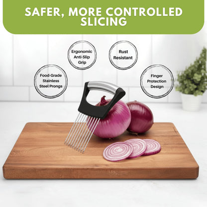 Onion Holder for Slicing, Stainless Steel Onion Cutting Guide with Finger Protector – Vegetable Prep Tool with Bonus Peeler for Safe, Even Slices