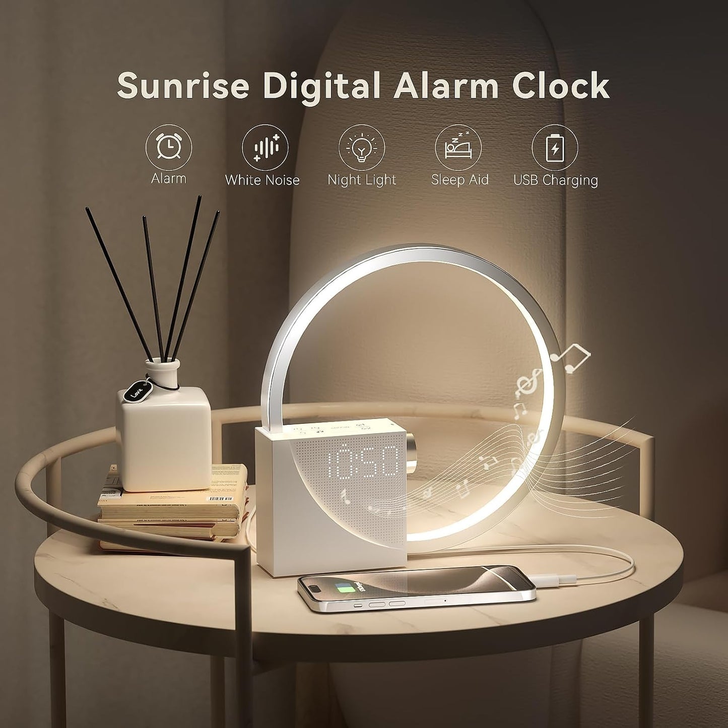 Vivilumens Sunrise Alarm Clock for Heavy Sleepers Adults, Wake-up Light, Sleep Aid 10 White Noise Sound Machines with 30/60/90 Timer, 3 Level Dimmable Touch Table Lamp with Snooze USB Charger Port