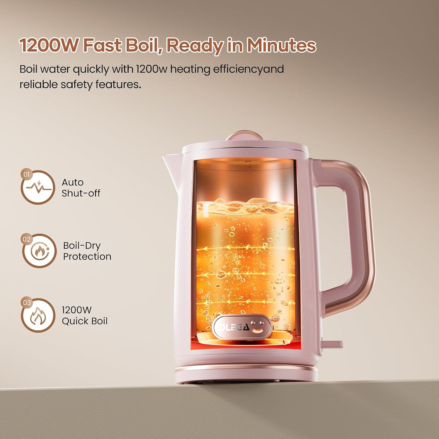 OLEGA Electric Tea Kettle: 1200W Fast Boil Electric Water Kettles 1.5L | Stainless Steel Kettle; Large Electric Water Kettle; Plastic Free Teapot; Auto Shut-Off Water Boiler; Fast Boil Kettles