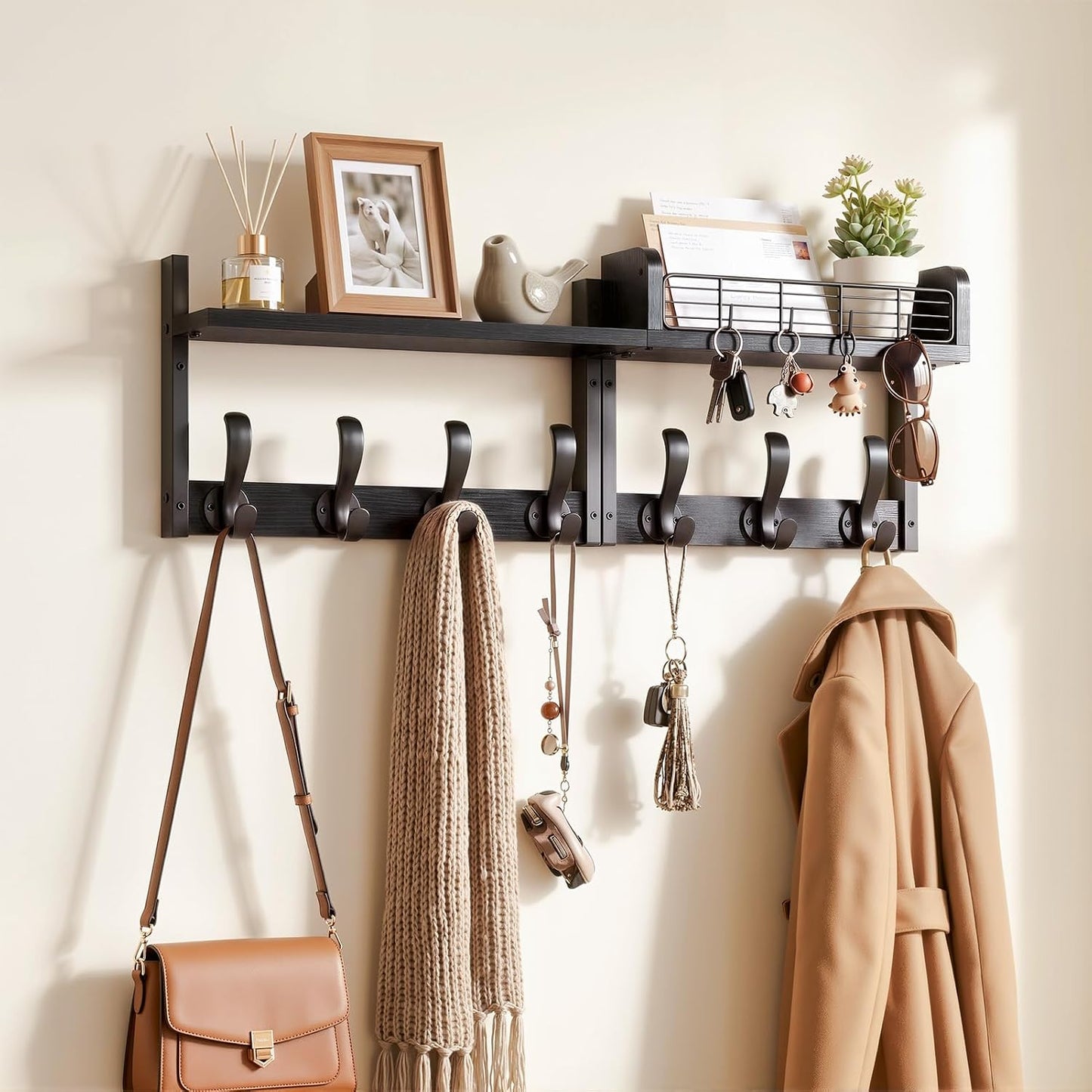 Delamu 29" Large Coat Rack Wall Mount with Shelf, 4 in 1 Shelf with 11 Hooks, Wooden Key and Mail Holder for Wall for Entryway, Living Room and Bedroom, Brown