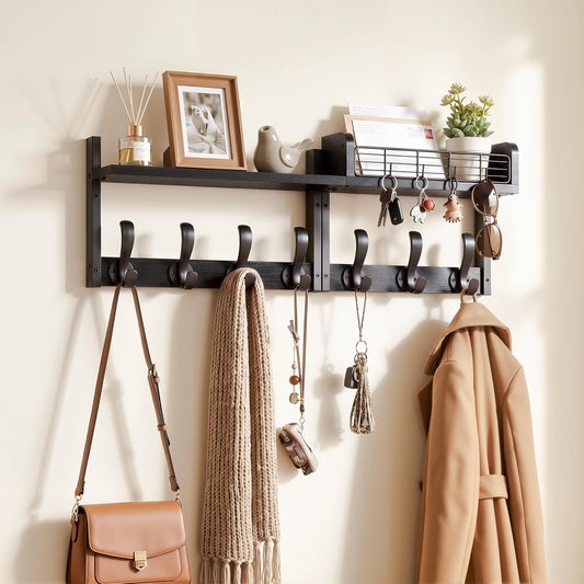 Delamu 29" Large Coat Rack Wall Mount with Shelf, 4 in 1 Shelf with 11 Hooks, Wooden Key and Mail Holder for Wall for Entryway, Living Room and Bedroom, Brown