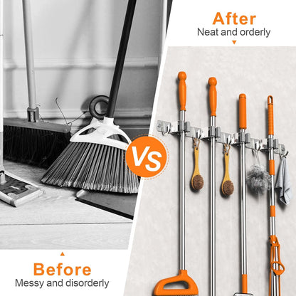 CUXIXA Mop and Broom Holder Wall Mount, Upgraded Broom Organizer Wall Mount, Stainless Steel Broom Hanger Wall Mount for Home Kitchen Garden Laundry Garage (3 Racks with 4 Hooks)