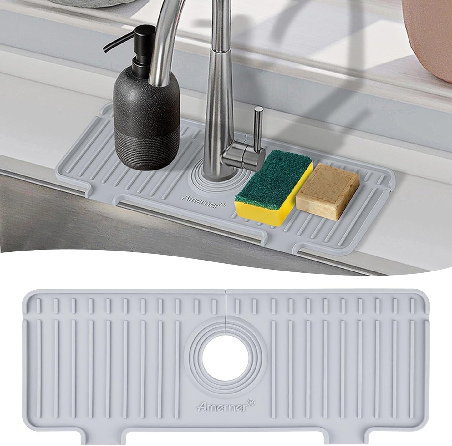 Kitchen Sink Splash Guard, 20IN Longer Silicone Faucet Guard & Draining Mat, Bathroom and Kitchen Sink Organizer, Sink Faucet Mat Water Splash Guard Behind Faucet Accessories Gadget, 20” x 5.5”, White