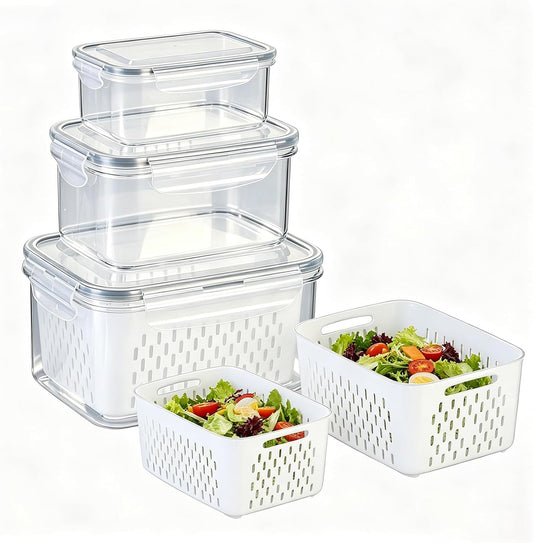 Salad Storage Container for Refrigerator, Salad Crisper Container for Fridge, 3 Pack No-Leak Food Storage Containers, Removable, Sealed Silicone Gasket, Simple to Use, Great for Salads