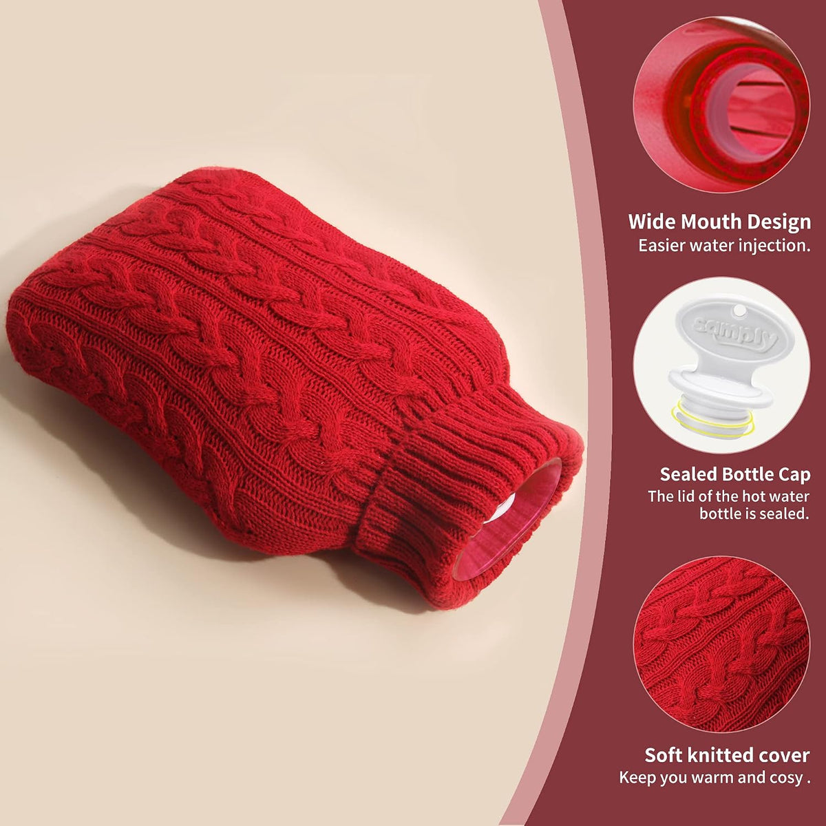 samply 2L Hot Water Bottle with Knitted Cover, Hot Water Bag, Purple