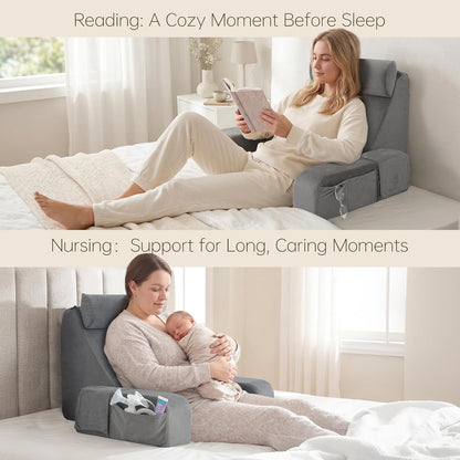 ENITYA 19" Reading Pillow for Bed with Firm Back Support & Big Pockets | Back Pillow for Bed Sitting Up/Watching TV/Nursing/Recovery/Gaming,High Density Foam,Machine Washable Cover,Light Grey